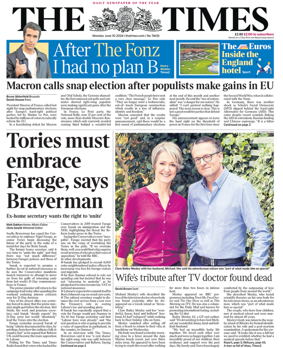 The Times headline reads: “Tories must embrace Farage, says Braverman”