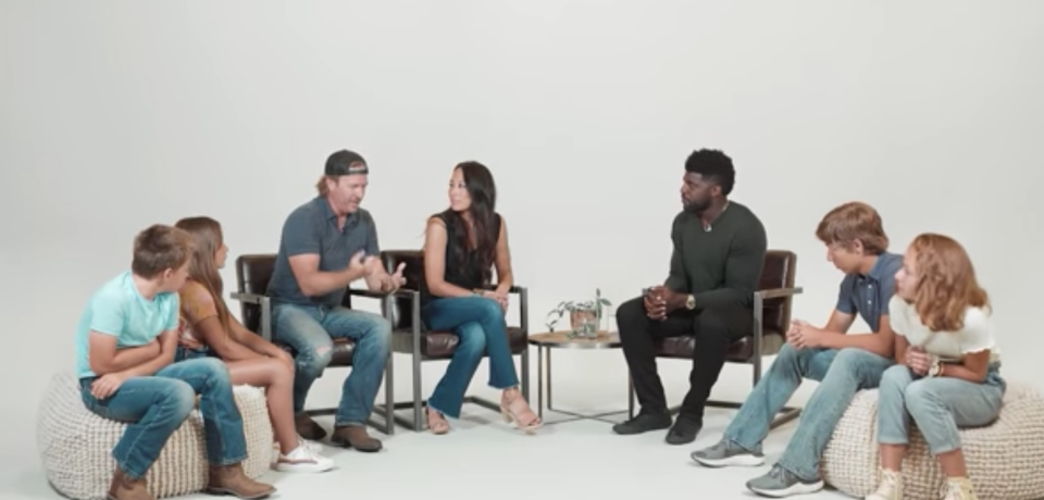Chip and Joanna Gaines appear with their children in Episode 3 of Uncomfortable Conversations With a Black Man with Emmanuel Acho. (Image: Uncomfortable Conversations With a Black Man/YouTube) 