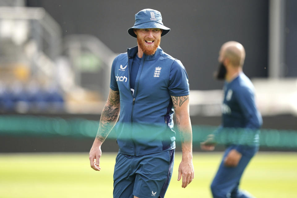 England's Ben Stokes looks on, during a nets session at Sophia Gardens, in Cardiff, Thursday, Sept. 7 2023, ahead of their one day international cricket match against New Zealand on Friday. (Zac Goodwin/PA via AP)