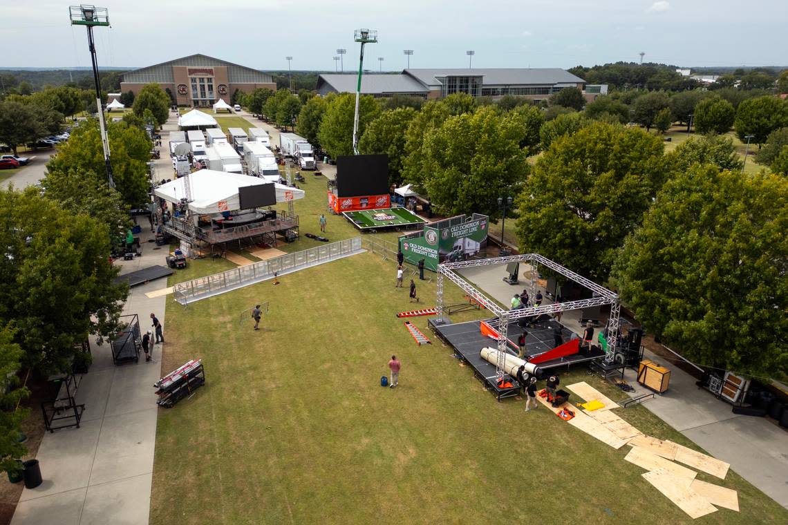 ESPN’s College GameDay sets up production tents and stages near the University of South Carolina’s Williams-Brice Stadium on Thursday, September 12, 2024.