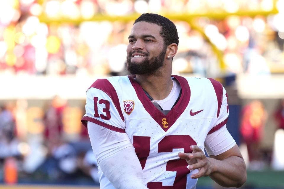 Oct 28, 2023; Berkeley, California, USA; USC Trojans quarterback Caleb Williams (13) warms up during the fourth quarter against the California Golden Bears at California Memorial Stadium. Mandatory Credit: Darren Yamashita-USA TODAY Sports