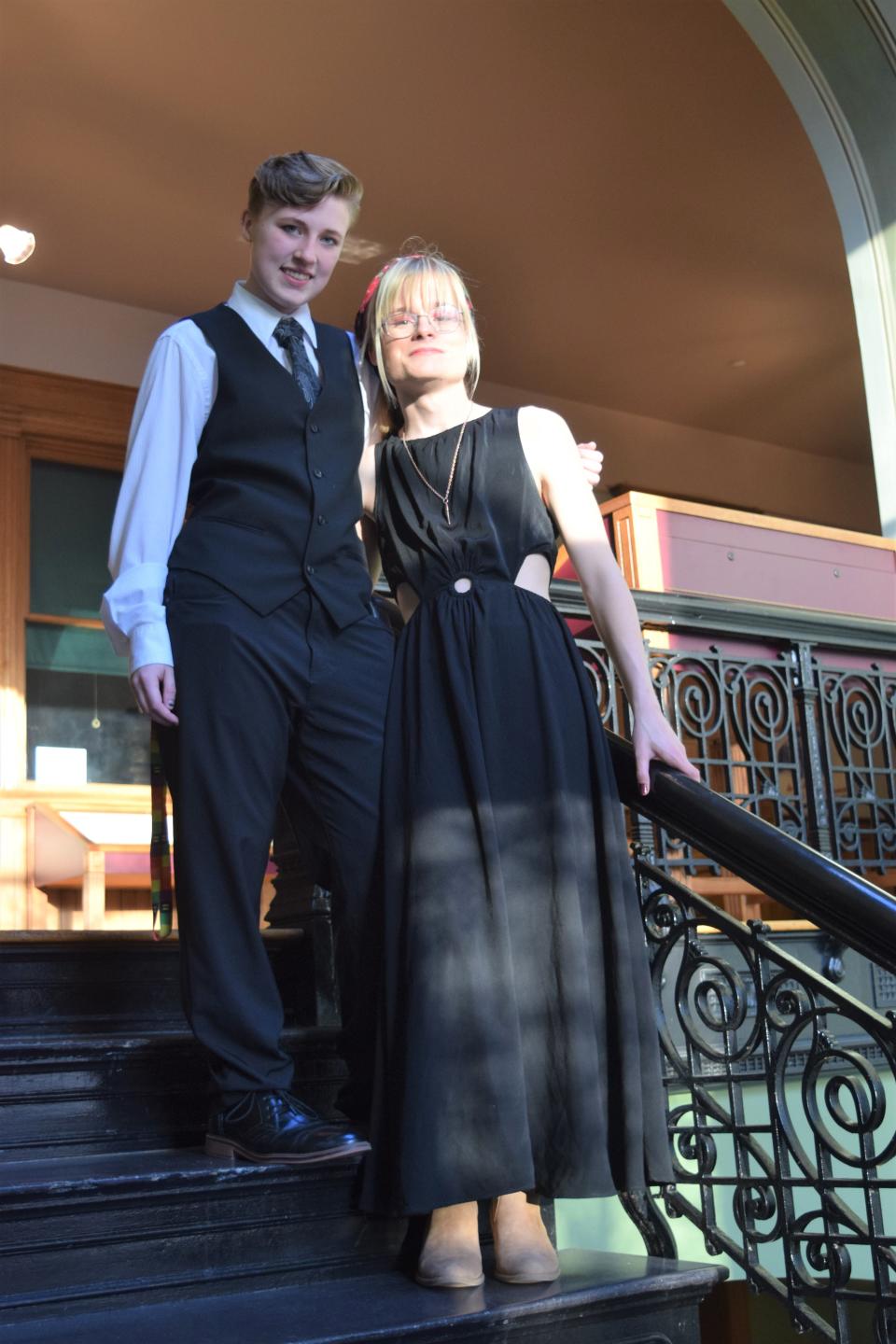 Elliott Morehead (left) and Ayden Gage (right) pose for a portrait during Pride Prom at the Old Courthouse Museum on April 28, 2023.