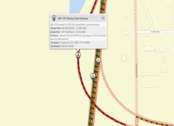 The southbound exit ramp at exit 338 on I-75 was closed May 31 and will remain closed through October as crews remove the bridge and do continued work on U.S. 23.