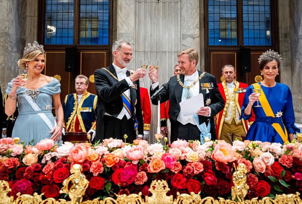 King Willem-Alexander of The Netherlands, Queen Maxima of The Netherlands, King Felipe of Spain and Queen Letizia of Spain attend the official state banquet on April 17, 2024 in Amsterdam, Netherlands. The Spanish King and Queen are in The Netherlands for a two day state visit.