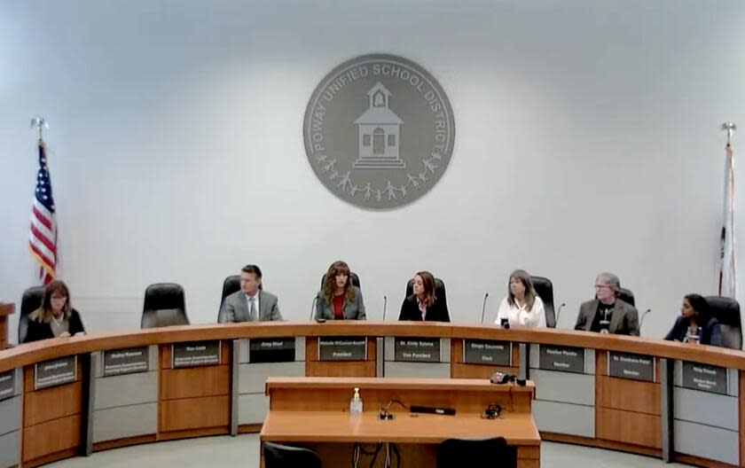 Screenshot from video of the Poway Unified School District Special BOE Meeting - Report out of Closed Session - April 30, 2024.