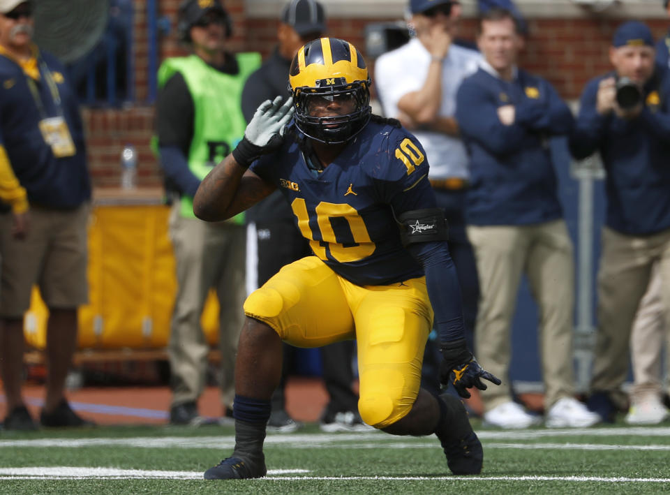 Michigan linebacker Devin Bush was at the center of the pregame controversy before Saturday’s game vs. Michigan State. (AP Photo/Paul Sancya)