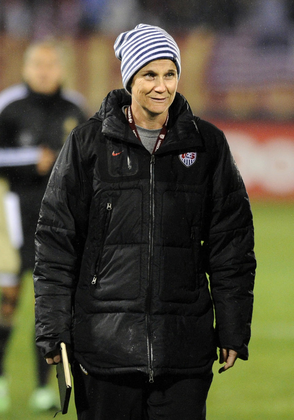 FILE - In this Oct. 23, 2012 file photo, U.S. coach Jill Ellis reacts after her team's 2-2 tie with Germany in an international friendly soccer match in East Hartford, Conn. U.S. Soccer Federation President Sunil Gulati is dismissing the idea that any sort of player mutiny led to the firing of women's coach Tom Sermanni. Jill Ellis, the USSF's director of development, will serve as interim coach. She went 5-0-2 in that role in 2012. The women's team faces China again on Thursday, April 10, 2014, in San Diego. (AP Photo/Fred Beckham, File)