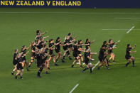 New Zealand players perform the haka toward England players before the final of the women's rugby World Cup at Eden Park in Auckland, New Zealand, Saturday, Nov.12, 2022. (Andrew Cornaga/Photosport via AP)