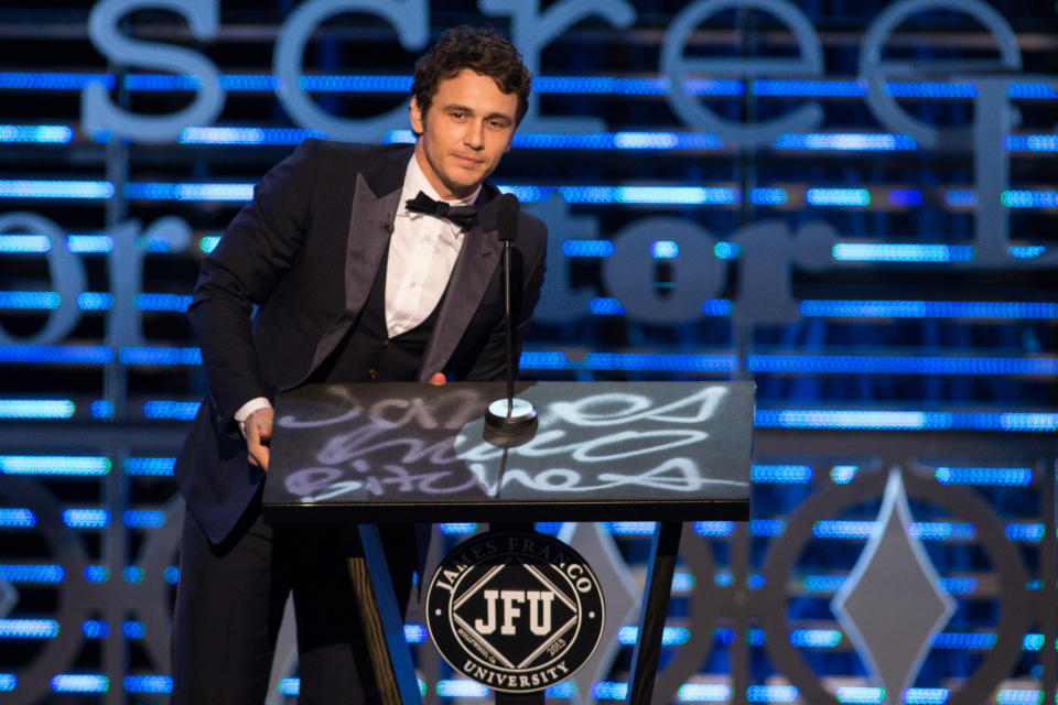 Actor James Franco stands onstage during the Roast of James Franco at Culver Studios, Sunday, Aug. 25, 2013, in Culver City, Calif. (Photo by Paul A. Hebert/Invision/AP)