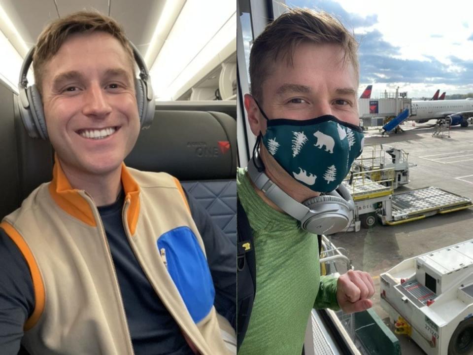 Side-by-side images of Mikah Meyer flying on Delta.