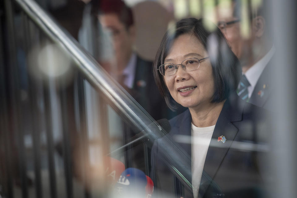 In this photo released by the Taiwan Presidential Office, Taiwanese President Tsai Ing-wen arrives in St. Lucia on Thursday, July 18, 2019. Tsai said she would follow "humanitarian principles" in dealing with asylum seekers from Hong Kong during a visit this week to Saint Lucia, an eastern Caribbean island nation that is among Taiwan's few remaining allies. (Taiwan Presidential Office via AP)