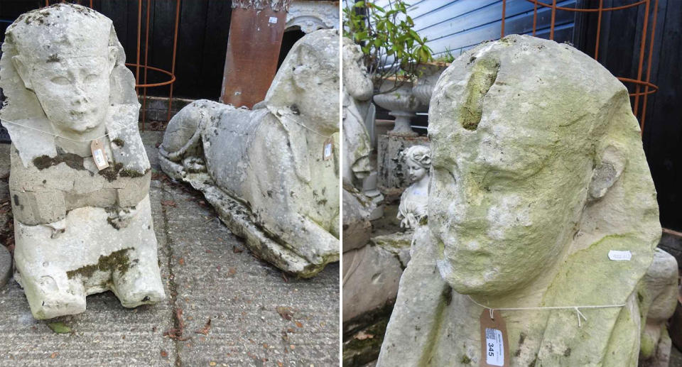 Pictured are the Egyptian sphinxes which recently sold for $360,000 at auction