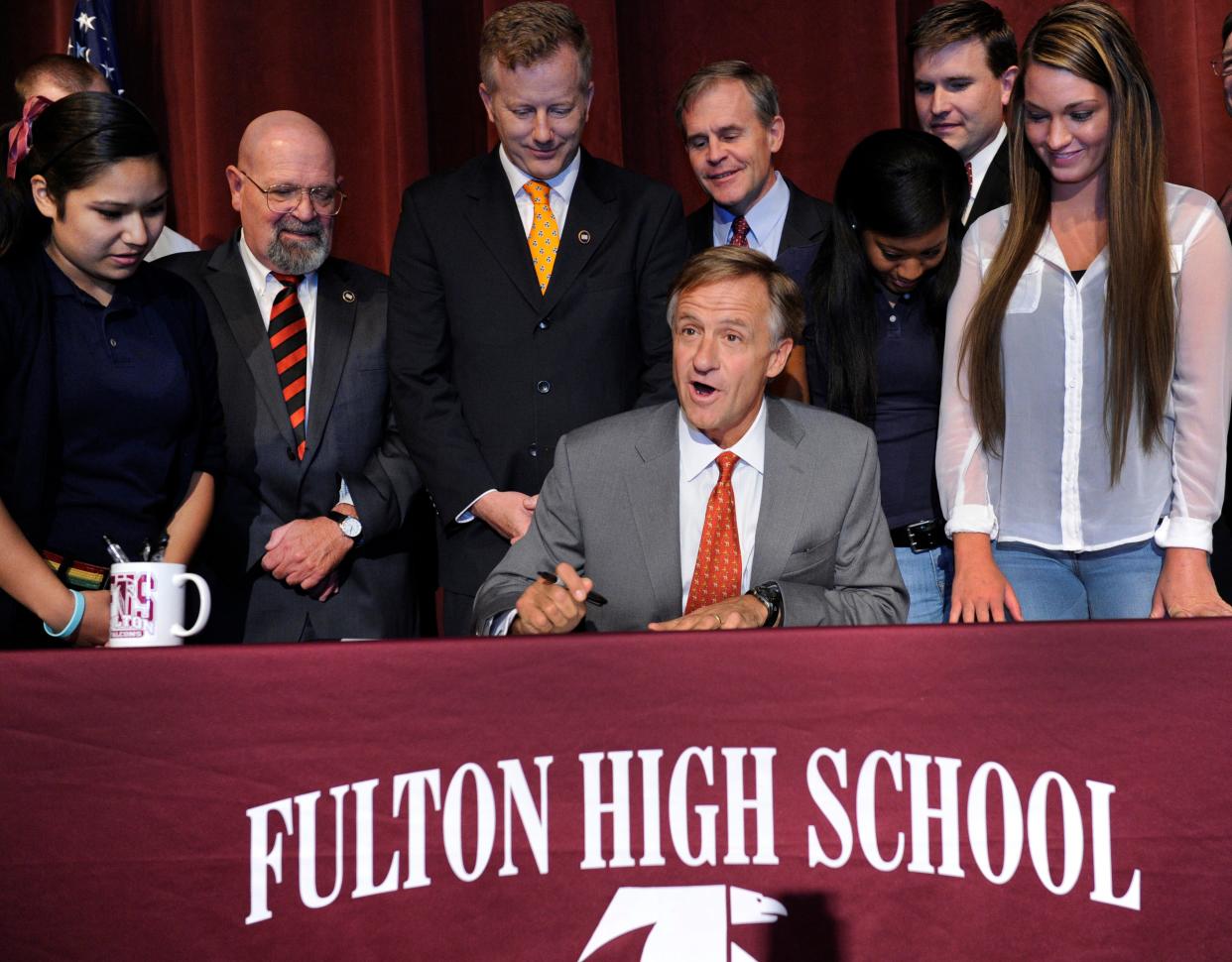 Gov. Bill Haslam at a ceremonial signing of the Tennessee Promise Bill at Fulton High School in Knoxville in 2014.