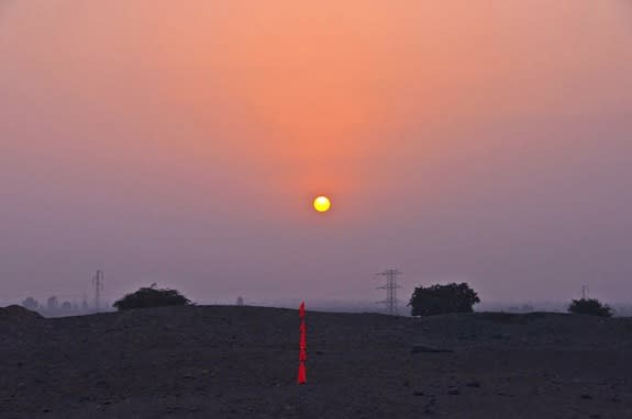 Mono B on the day before solstice (June 20) in 2013. A marker points to the solstice sunset.