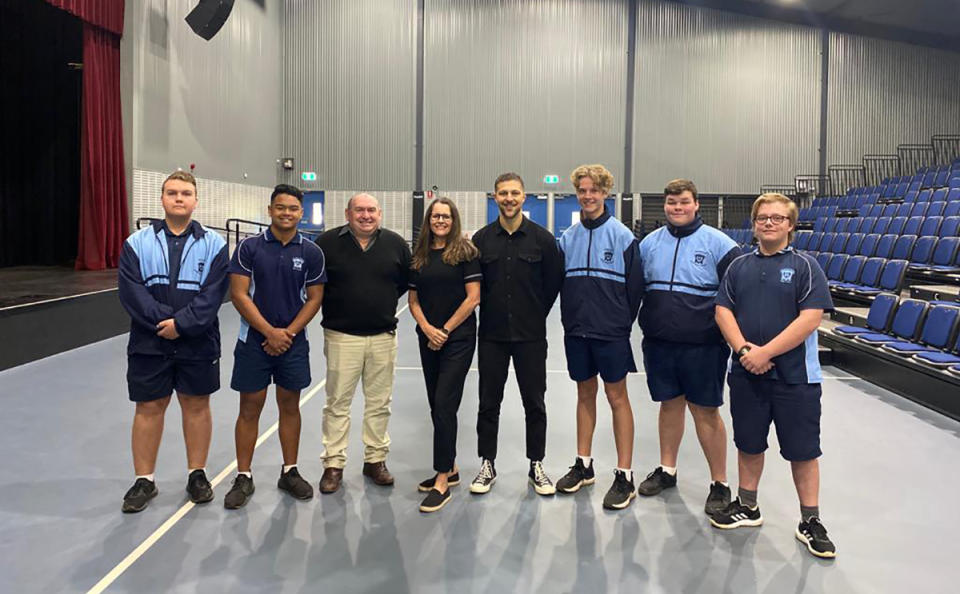 Collective Shout's Melinda Tankard Reist and Daniel Principe with a teacher and students at Kingaroy High School