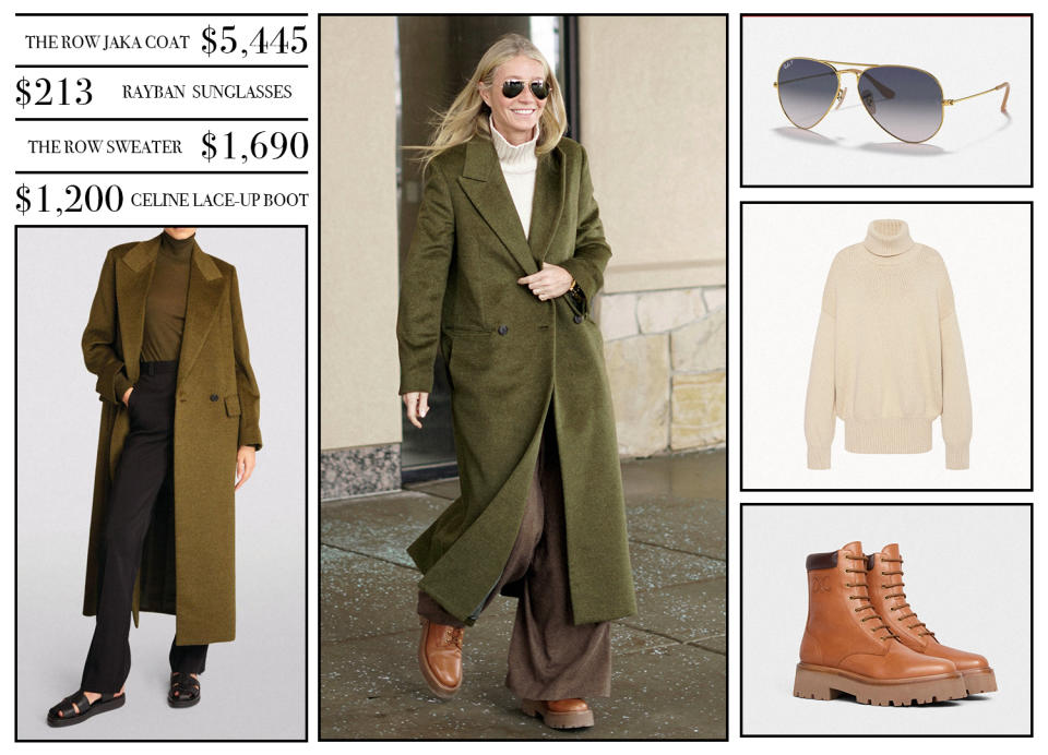 A graphic of quiet luxury essentials featuring Gwenyth Paltrow and her court outfit