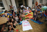 Protesters demonstrate against France's ban of the burkini, outside the French Embassy in London, Britain August 25, 2016. REUTERS/Neil Hall