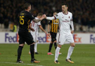 Soccer Football - Europa League - AEK Athens vs AC Milan - OAKA Spiros Louis, Athens, Greece - November 2, 2017 AEK Athens' Uros Cosic and AC Milan's Nikola Kalinic REUTERS/Alkis Konstantinidis