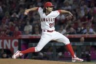 Jun 18, 2018; Anaheim, CA, USA; Los Angeles Angels relief pitcher Noe Ramirez (25) delivers a pitch in the fourth inning against the Arizona Diamondbacks at Angel Stadium of Anaheim. Mandatory Credit: Kirby Lee-USA TODAY Sports