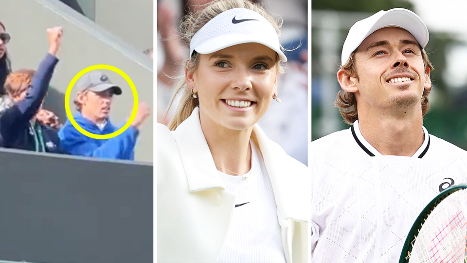 Aussie tennis hopeful Alex de Minaur (pictured right) was on hand to support Katie Boulter (pictured middle) in the player's box after his match at Wimbledon. (Images: @Wimbledon/Getty Images)