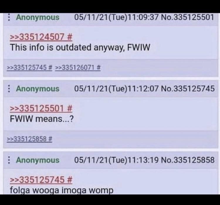 someone saying FWIW means folga wooga imogaa womp