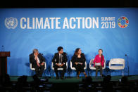 FILE - United Nations Secretary-General Antonio Guterres, far left, and young environmental activists look on as Greta Thunberg, of Sweden, far right, addresses the Climate Action Summit in the United Nations General Assembly, at U.N. headquarters, Monday, Sept. 23, 2019. In his General Assembly opening address on Tuesday, Sept. 21, 2021, U.N. Secretary-General Antonio Guterres practically scolded world leaders for disappointing young people with a perceived inaction on climate change, inequalities and the lack of educational opportunities, among other issues important to young people. (AP Photo/Jason DeCrow)