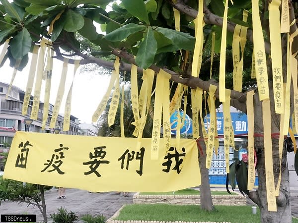 國民黨屏東縣黨部昨日在各鄉鎮市發起繫上黃絲帶活動，向政府請命「台灣需要疫苗」。（記者陳真攝）