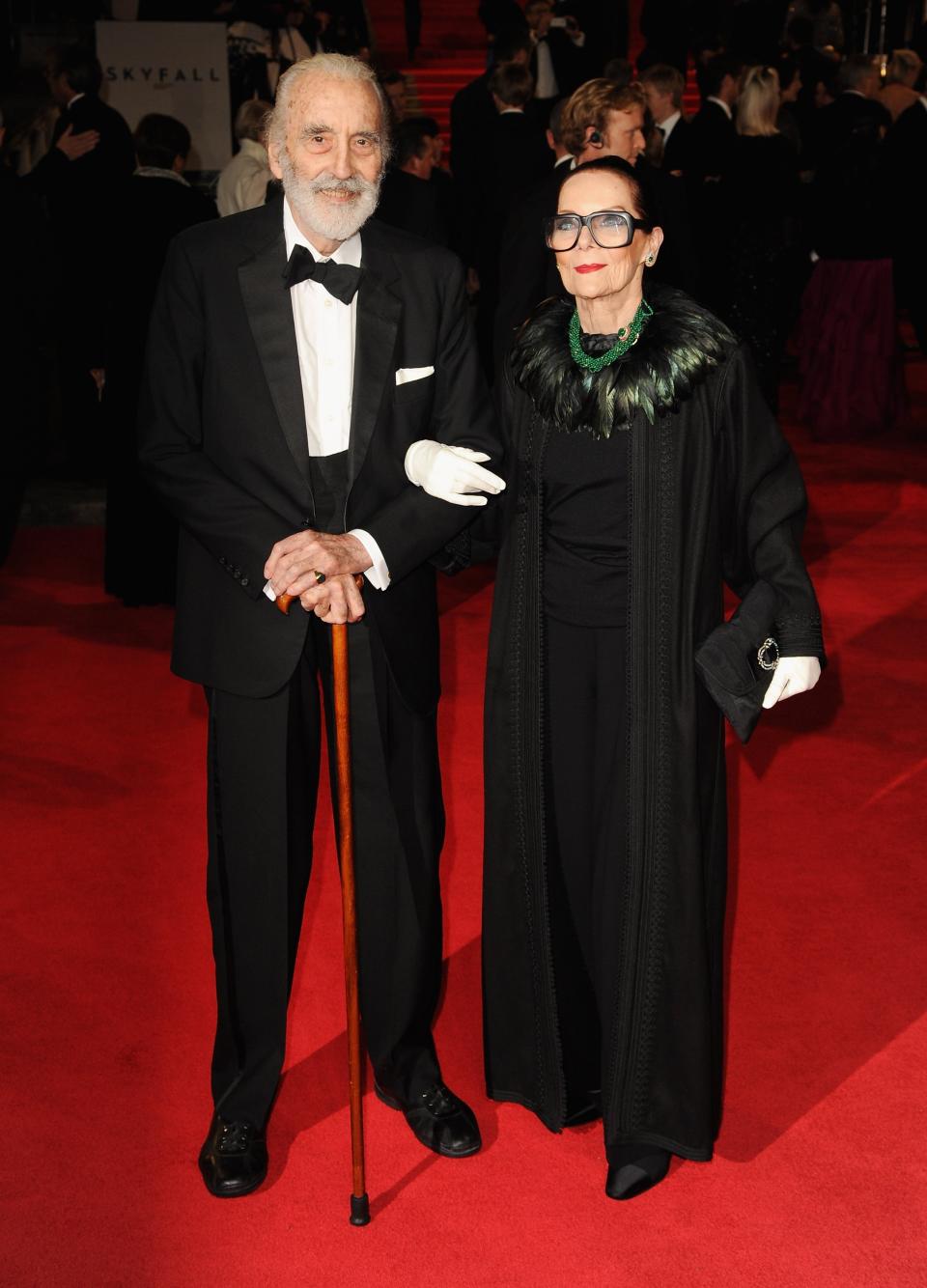 LONDON, ENGLAND - OCTOBER 23: Sir Christopher Lee and wife Gitte Lee attend the Royal World Premiere of 'Skyfall' at the Royal Albert Hall on October 23, 2012 in London, England. (Photo by Eamonn McCormack/Getty Images)