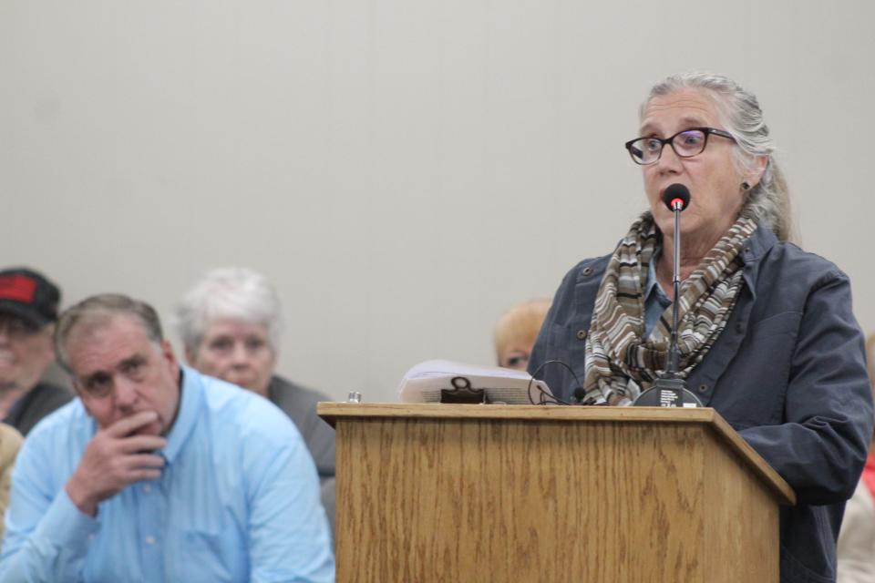 Former Cascade County Commissioner Jane Weber speaks during the emergency meeting called by the Great Falls Public Library on Friday