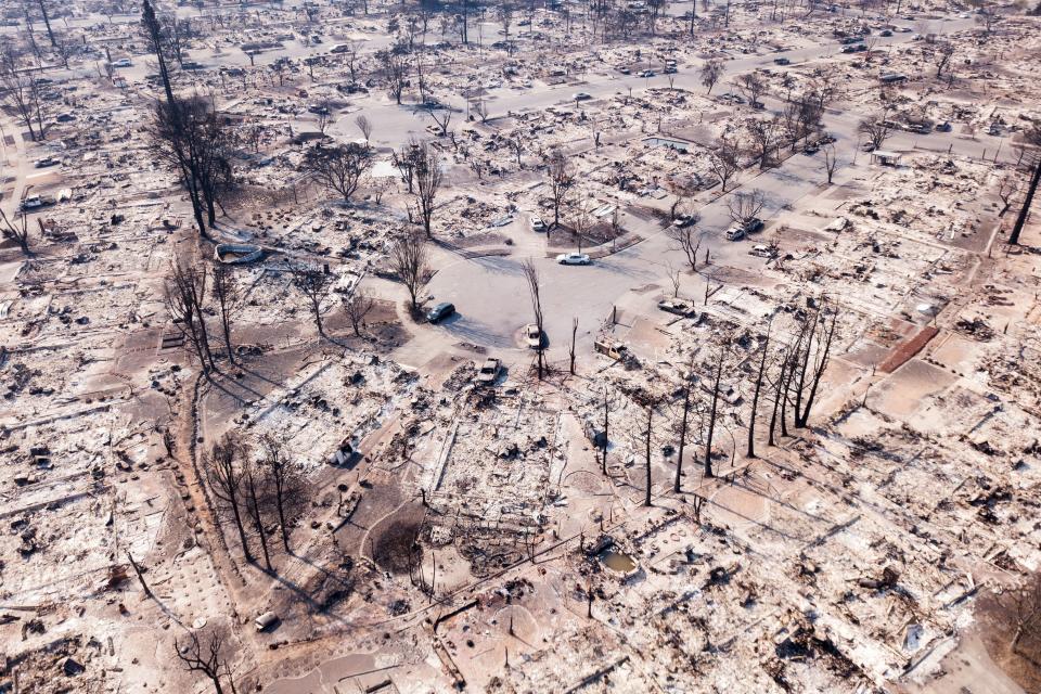 Fire damage is seen from the air in the Coffey Park neighborhood.&nbsp;