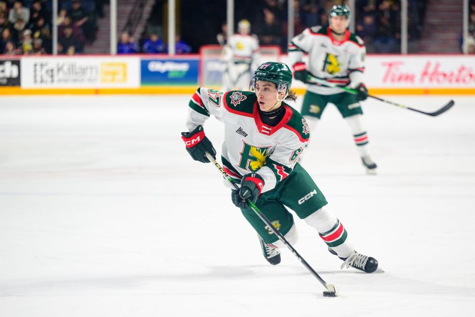 Halifax Mooseheads forward Lou Lévesque is shown in a Feb. 8, 2024, home game against the Saint John Sea Dogs.