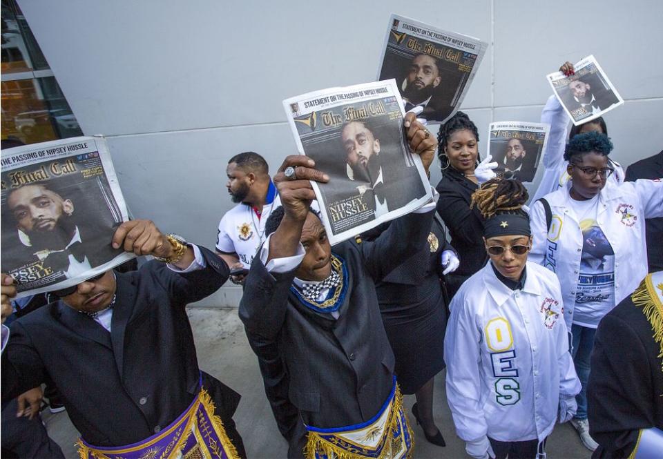 The scene outside LA's Staples Center for Nipsey Hussle's memorial service. | David McNew/Getty