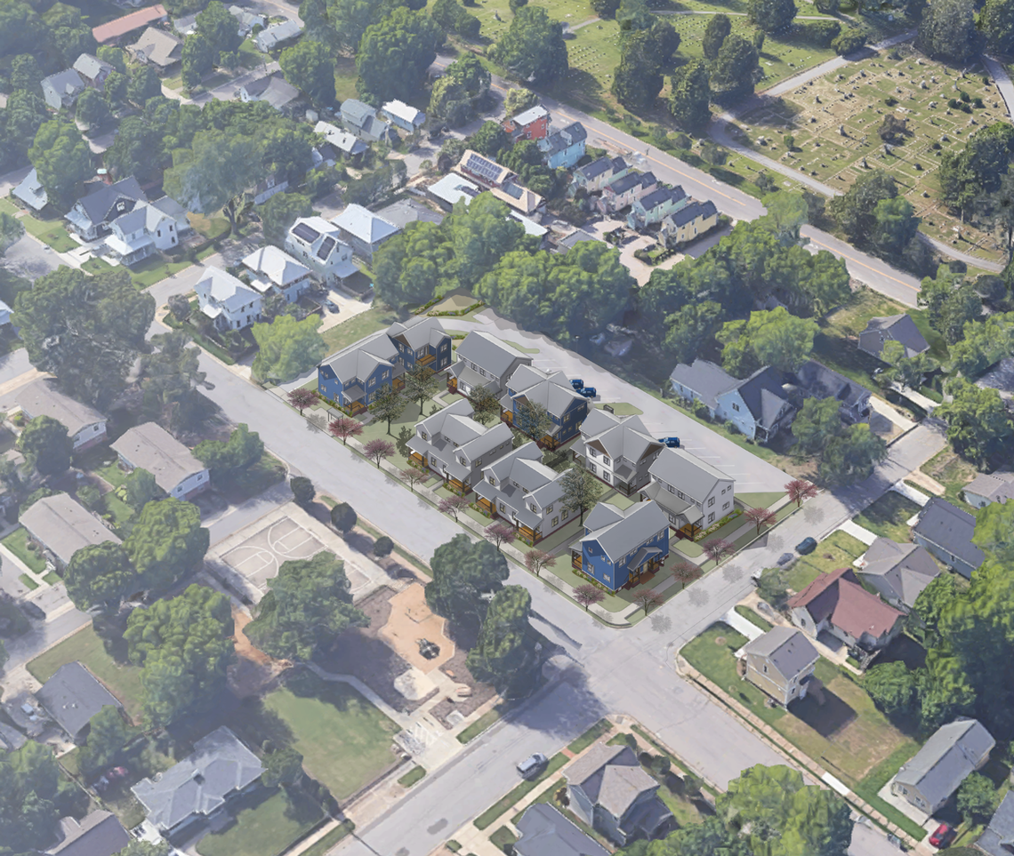 An aerial view of Cottages of Idlewild, Raleigh’s first affordable “cottage court,” at 907 E. Lane Street.