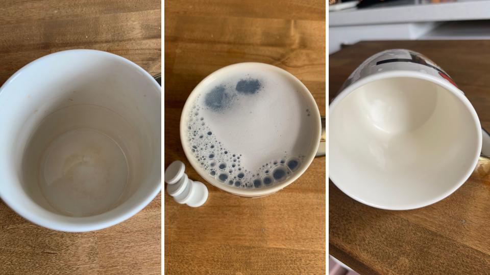 before, during and after image of a mug being cleaned using the denture tablet cleaning hack to remove stubborn stains