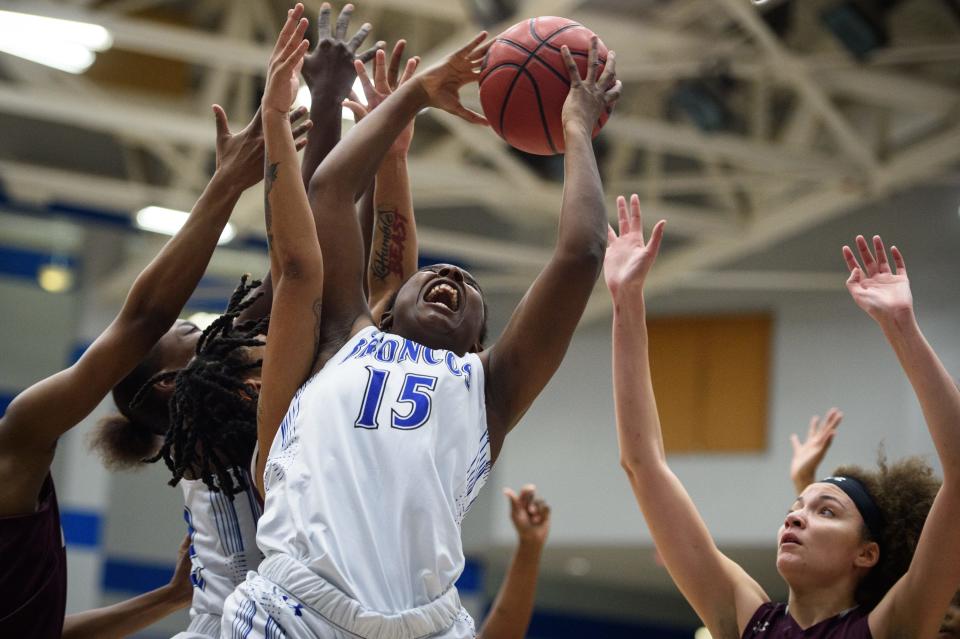 Keayna McLaughlin grabs a rebound for Fayetteville State during Tuesday's win over Virginia Union.