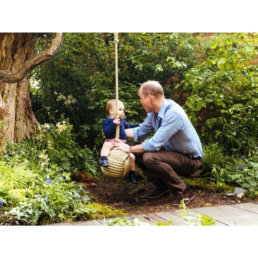 Prince Louis and Prince William at the Back to Nature Garden at the Chelsea Flower Show, May 2019