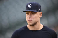 New York Yankees left fielder Aaron Judge looks on before a baseball game against the Baltimore Orioles, Monday, April 29, 2024, in Baltimore. (AP Photo/Nick Wass)