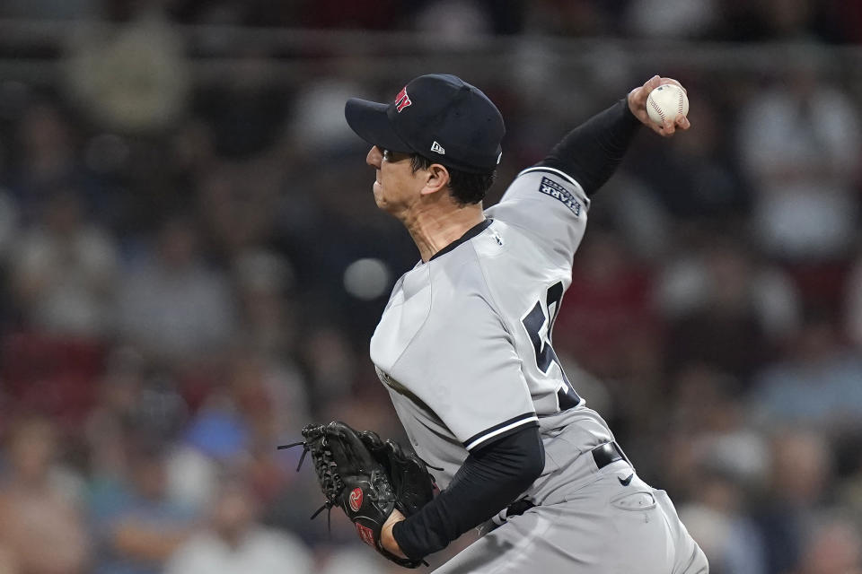 New York Yankees' Matt Bowman delivers a pitch to a Boston Red Sox batter during the eighth inning of the second game of a baseball doubleheader Tuesday, Sept. 12, 2023, in Boston. (AP Photo/Steven Senne)