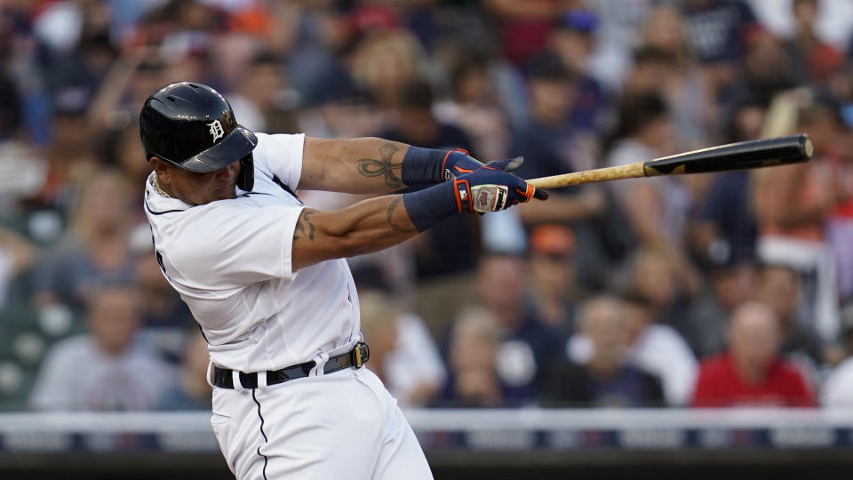 eDetroit Tigers' Miguel Cabrera hits a solo home run against the Boston Red Sox in the second inning of a baseball game in Detroit, Tuesday, Aug. 3, 2021. (AP Photo/Paul Sancya)