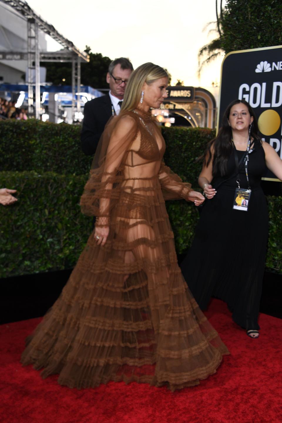 Actress Gwyneth Paltrow arrives for the 77th annual Golden Globe Awards on January 5, 2020, at The Beverly Hilton hotel in Beverly Hills, California. (Photo by VALERIE MACON / AFP) (Photo by VALERIE MACON/AFP via Getty Images)