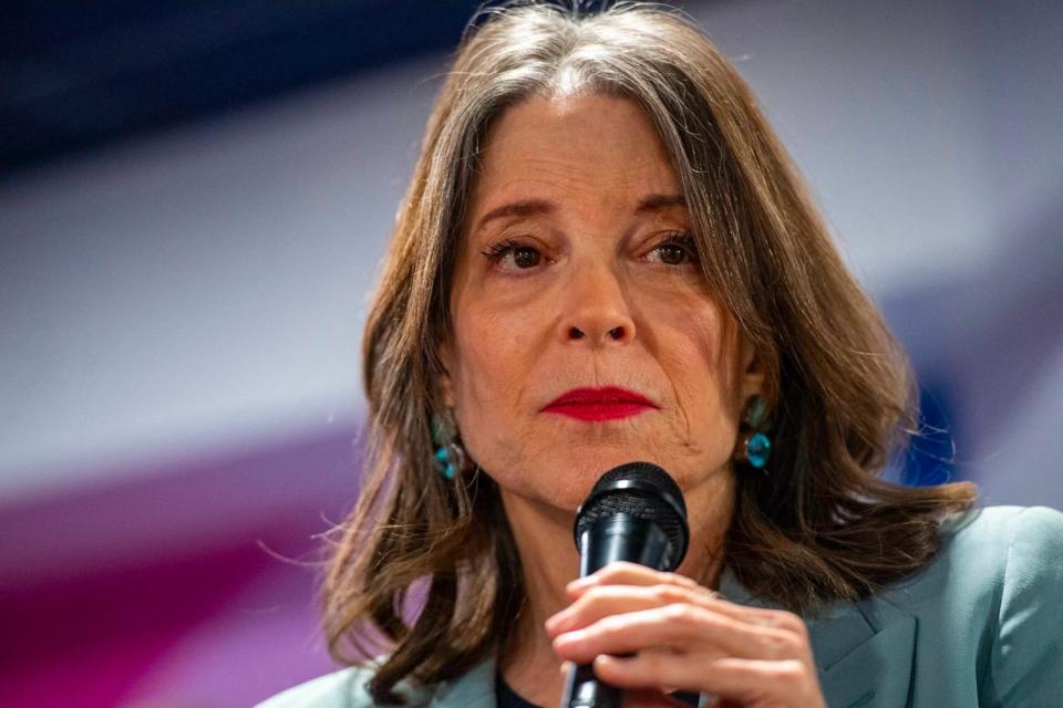 PHOTO: Democratic presidential hopeful Marianne Williamson speaks during a campaign event in Concord, New Hampshire, Jan. 17, 2024.  (Joseph Prezioso/AFP via Getty Images)