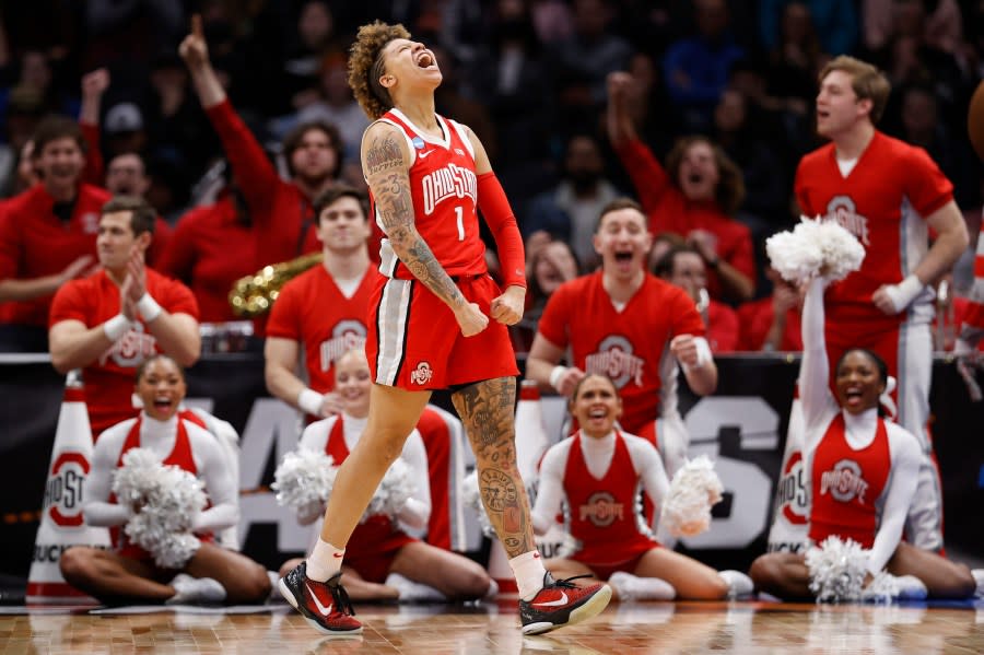 SEATTLE, WASHINGTON – MARCH 25: Rikki Harris #1 of the Ohio State Buckeyes reacts after making a basket after getting fouled during the fourth quarter against the UConn Huskies in the Sweet 16 round of the NCAA Women’s Basketball Tournament at Climate Pledge Arena on March 25, 2023 in Seattle, Washington. (Photo by Steph Chambers/Getty Images)