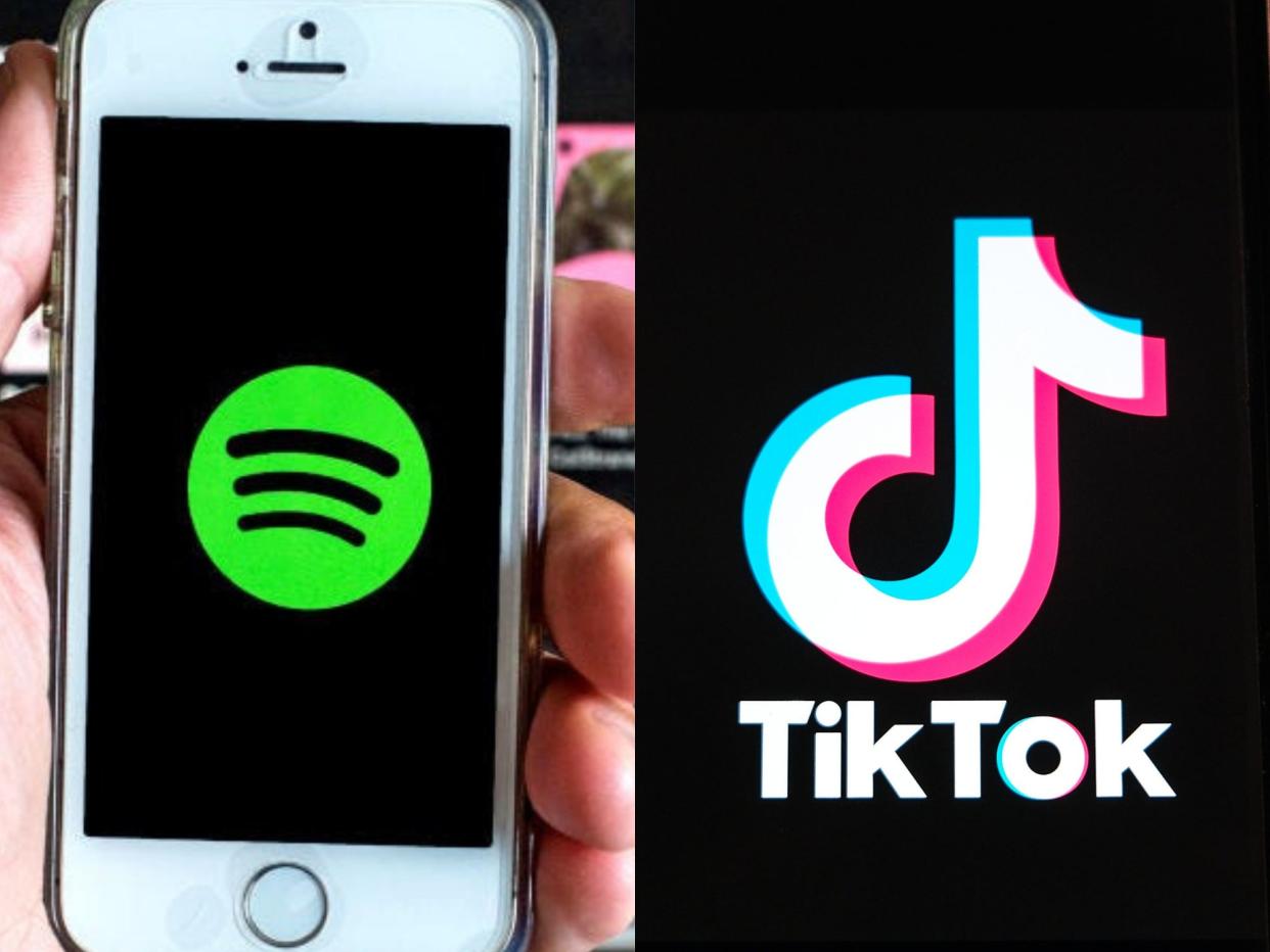 left: a hand holding an older iphone with a home button and the spotify logo on the screen; right: an image of the TikTok musical note logo and the text "tiktok"
