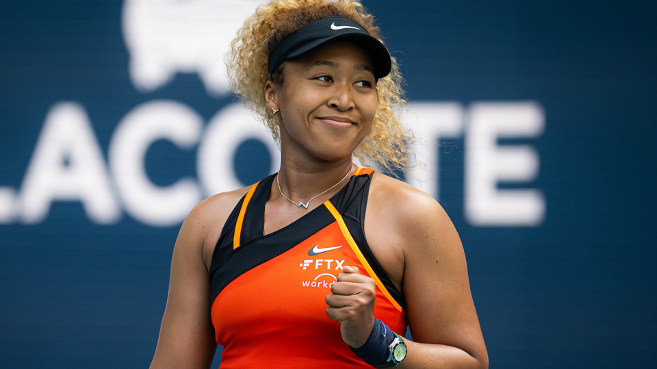 Naomi Osaka (pictured) smiles during a Miami Open match.