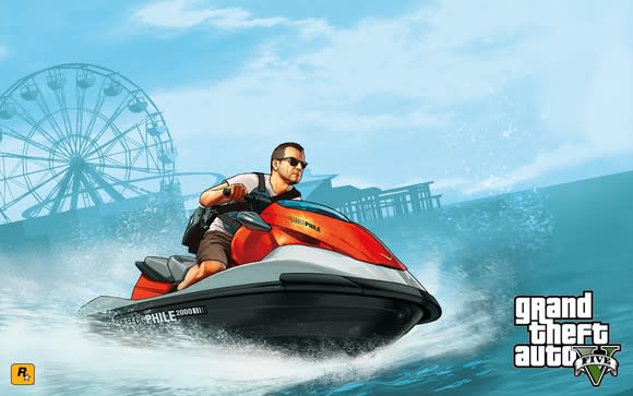 Grand Theft Auto game art depicting character riding a jet ski.