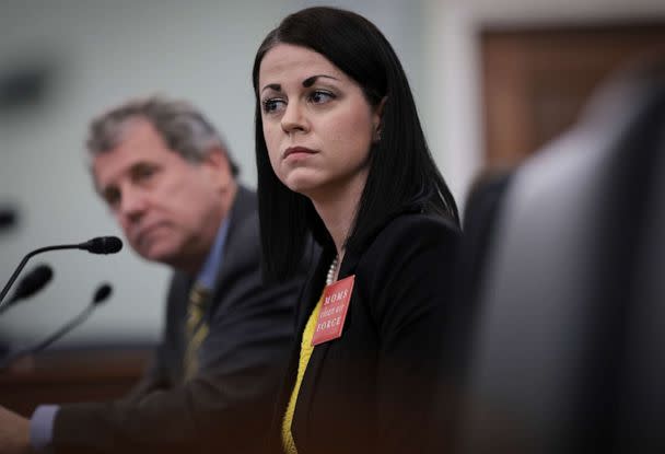 PHOTO: Misti Allison, a resident of East Palestine, Ohio and Sen. Sherrod Brown testify before the Senate Commerce, Science, and Transportation Committee, Mar. 22, 2023 in Washington. (Win Mcnamee/Getty Images)