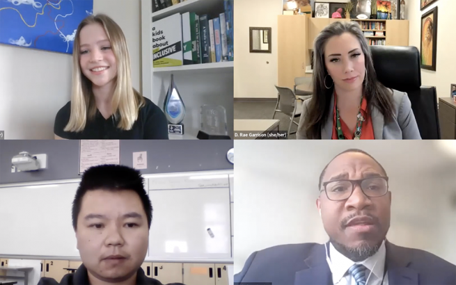 Clockwise, Rebekah Bruesehoff, a ninth grader; Rae Garrison, a Utah principal; Christian Rhodes, senior advisor at the U.S. Department of Education, and Sam Long, a Denver science teacher, , spoke during a National Center on Safe and Supportive Learning Environments webinar on transgender students. (U.S. Department of Education)