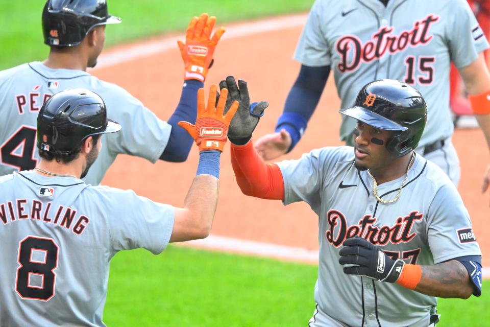 Detroit Tigers second baseman Andy Ibanez (77) celebrates his three-run home run in the second inning against the Cleveland Guardians at Progressive Field in Cleveland on Tuesday, May 7, 2024.