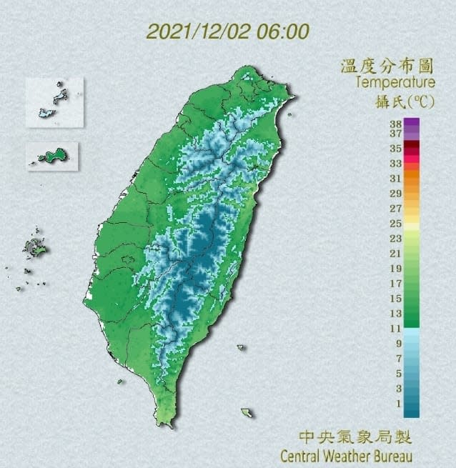 今晨最低溫出現在台南新化。（圖／翻攝自中央氣象局）