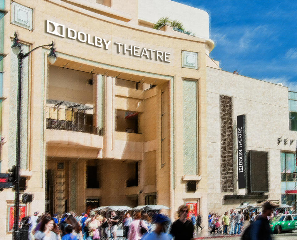 This artist rendering released by Dolby Laboratories shows the new Dolby Theatre, formerly the Kodak Theatre, on Hollywood Boulevard in Los Angeles. The posh 3,400-seat Hollywood & Highland Center home of the Academy Awards is officially christened with a new name and a state-of-the-art audiovisual system that can project 3-D imagery and blast sound from multiple perspectives. (AP Photo/Dolby Laboratories)